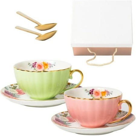 

QIBAXXYL elegant and stylish tea and coffee mug set for women - chic 6.76oz tea cup and saucer with tray and spoon perfect for hosting afternoon tea picnics and entertaining guests at