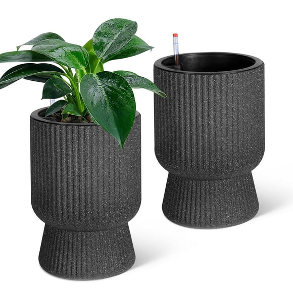 Garvee 14.2 Inch Tall Plastic Planters Set of 2 with Inner Pot,Drainage Holes & Water Level Monitor, Black 1