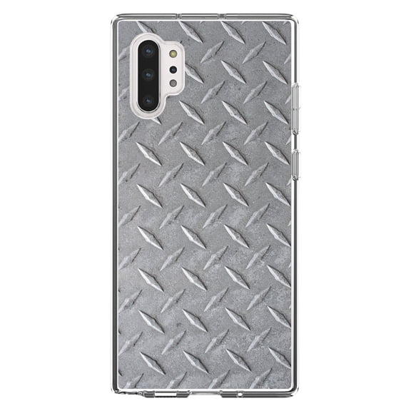 DistinctInk Clear Shockproof Hybrid Case for Galaxy Note 10 PLUS (6.8" Screen) - TPU Bumper, Acrylic Back, Tempered Glass Screen Protector - Grey Diamond Plate Steel Image - Printed Diamond Plate