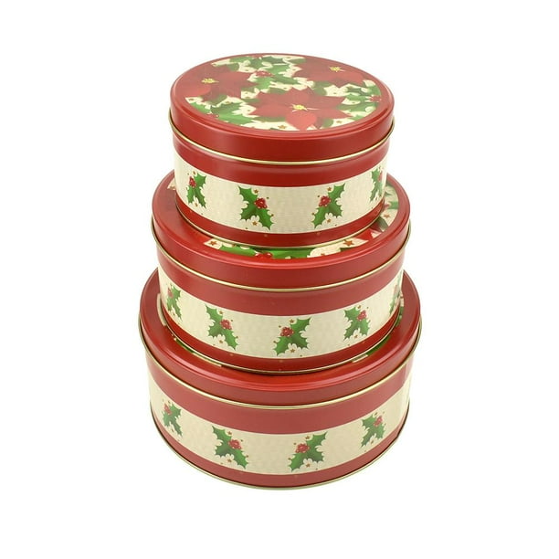 Christmas Cookie Tin Round Containers with Poinsettias and Holly, 3