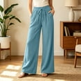 thumbnail image 2 of Women's Cotton Spandex Wide Leg Pants, Elastic Drawstring High Waist, Loose Soft Pockets, Casual Summer Beach Travel Lounge, Flowy Trousers | VerBelle,Light Blue S, 2 of 7