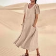 thumbnail image 2 of ShomPort Robe Maxi pour Femme Grande Taille Été Décontractée Coton Lin Manches Courtes Col Rond Longue Robe Plage, 2 of 6