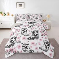 Manfei Western Cowgirls Bedding Comforter Set,Retro Cowboy Boots Twin Comforter Sets,Pink Cherry Blossom Bedding Set For Girls Boys,Breathable Home Decor Reversible,2-Piece