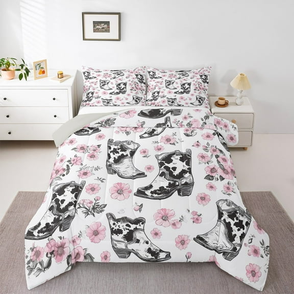 Manfei Western Cowgirls Bedding Comforter Set,Retro Cowboy Boots Twin Comforter Sets,Pink Cherry Blossom Bedding Set For Girls Boys,Breathable Home Decor Reversible,2-Piece