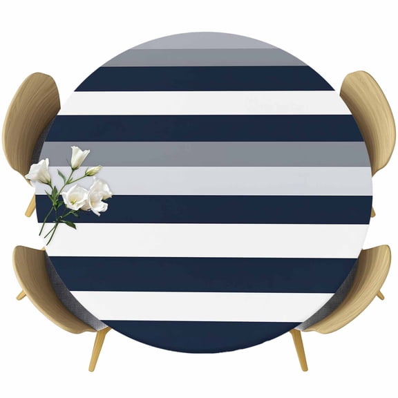 Grey and Round Fitted Table Cover Dark Blue Stripe Abstract Geometric Striped Waterproof Table Cloth with Elastic Edge Wipeable Tablecloth for Picnic Camping Party Fits 55"-60" Diameter