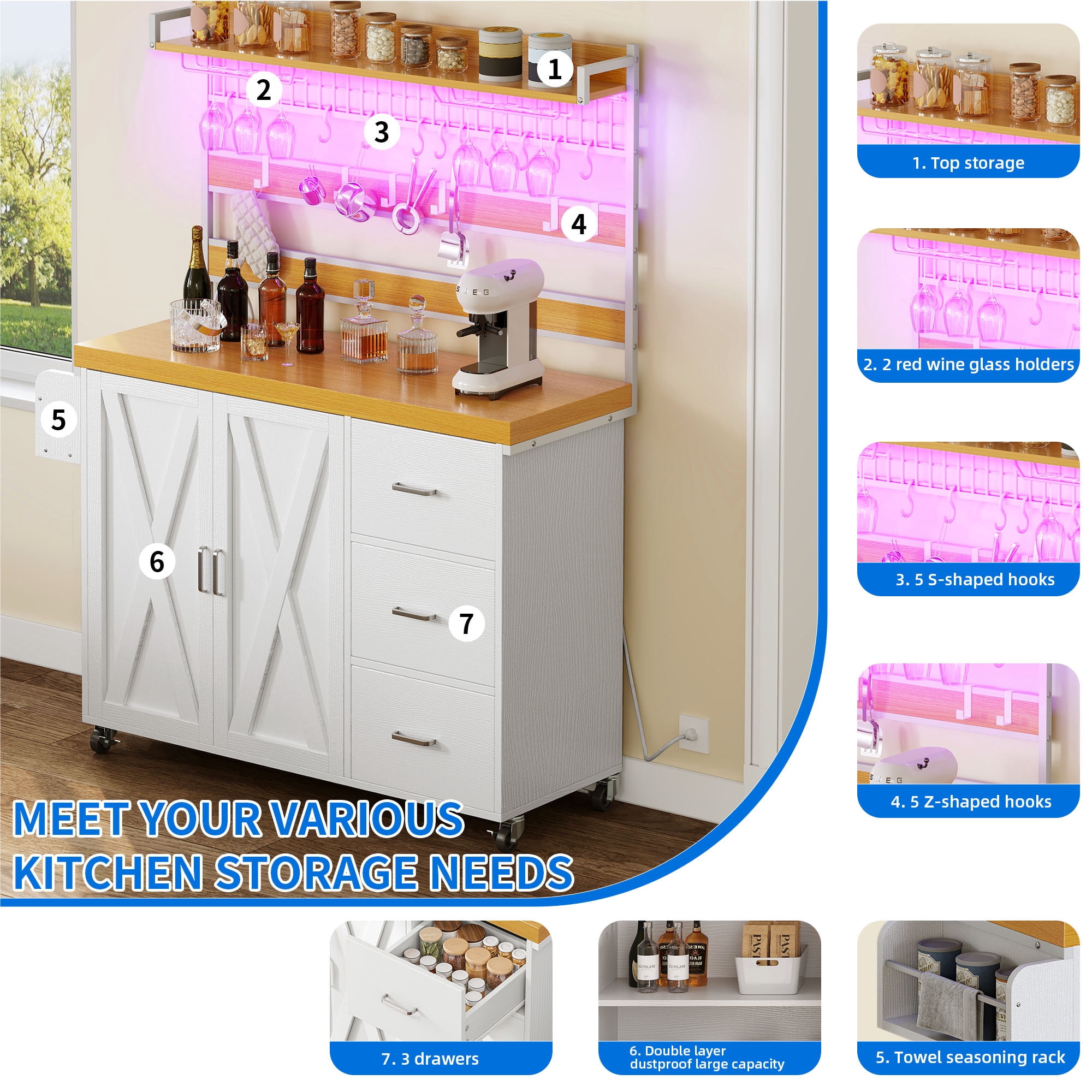 Uforic Kitchen Island with Drawers & Storage Rack, Kitchen Storage Cart with Doors & Hooks, White