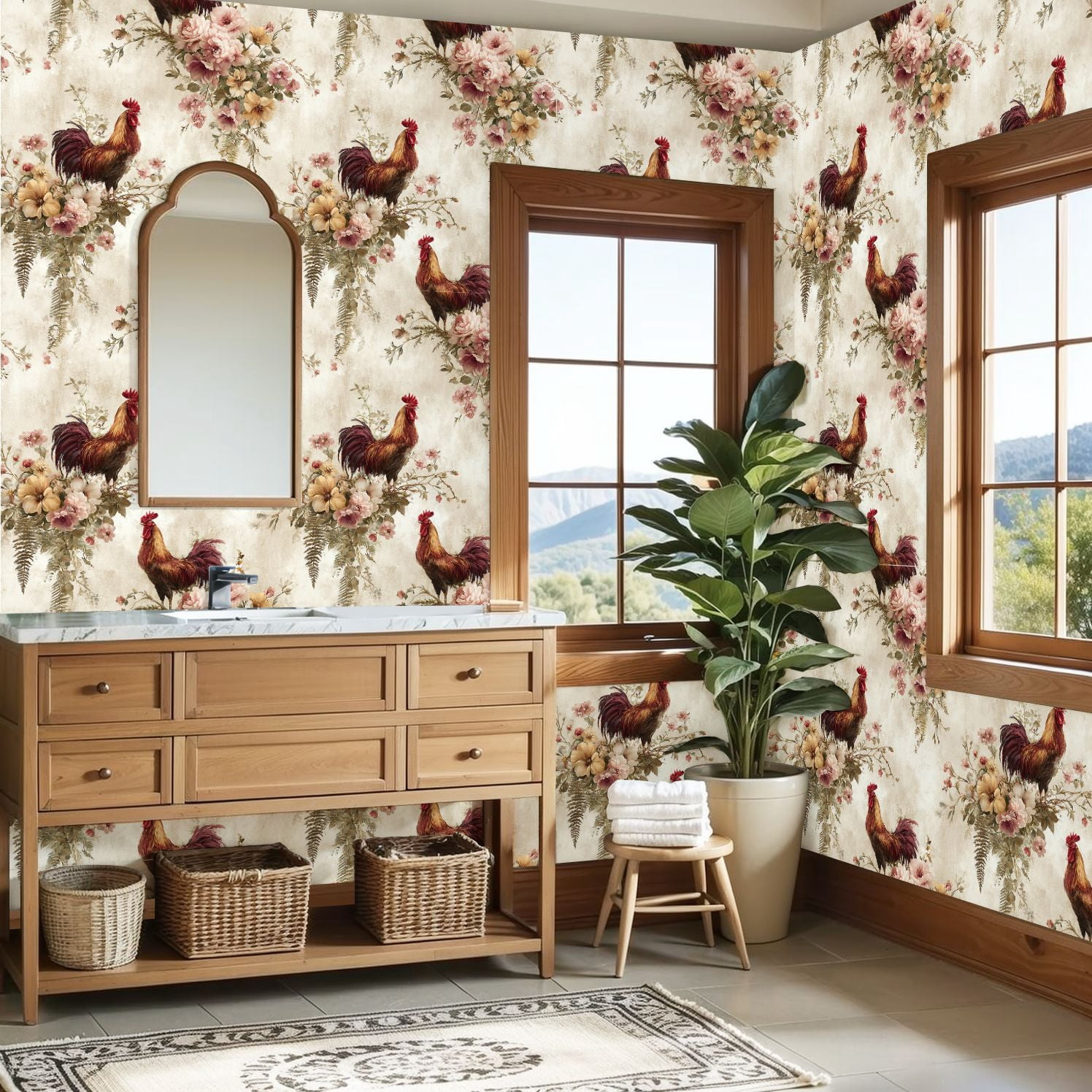 Peel and Stick Wallpaper 23.6in x 9.8ft Rustic Country Inspired Roosters Flowers Vines Farmhouse Contact Paper Vinyl Waterproof Self Adhesive Wall Paper for Bedroom Shelf Cabinet Renter Friendly