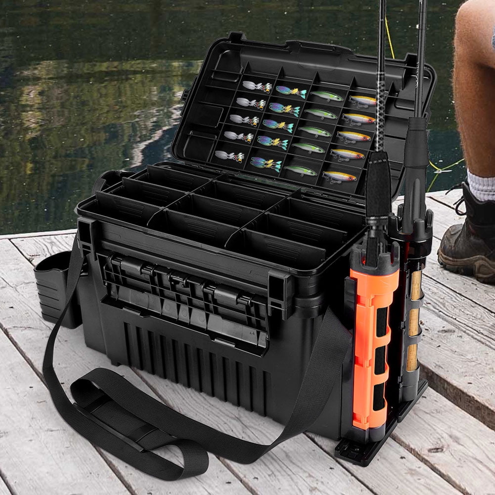 SHegdu 2 Tier Fishing Tackle Box Fishing Tackle Storage Box with Cup & Rod Holder Fishing Gear Carry Case Adjustable Fishing Organizer Case Large Capacity Fishing Accessories