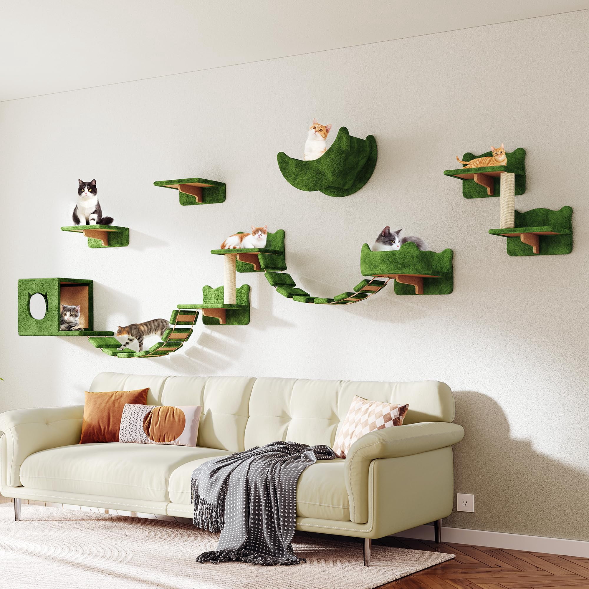 13-in-1 Cat Wall Shelves  Mounted Cats Furniture Set With Plush Fabric Climbing Systems Shelf Moon Hammock Condo House Step Bridge Ladder Green