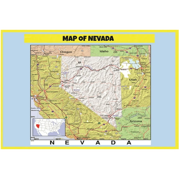 Map of Nevada Style C - Laminated Wall Map Poster Print Perfect for Classrooms and Homes - Vivid Imagery with Bright Colors - 18x24