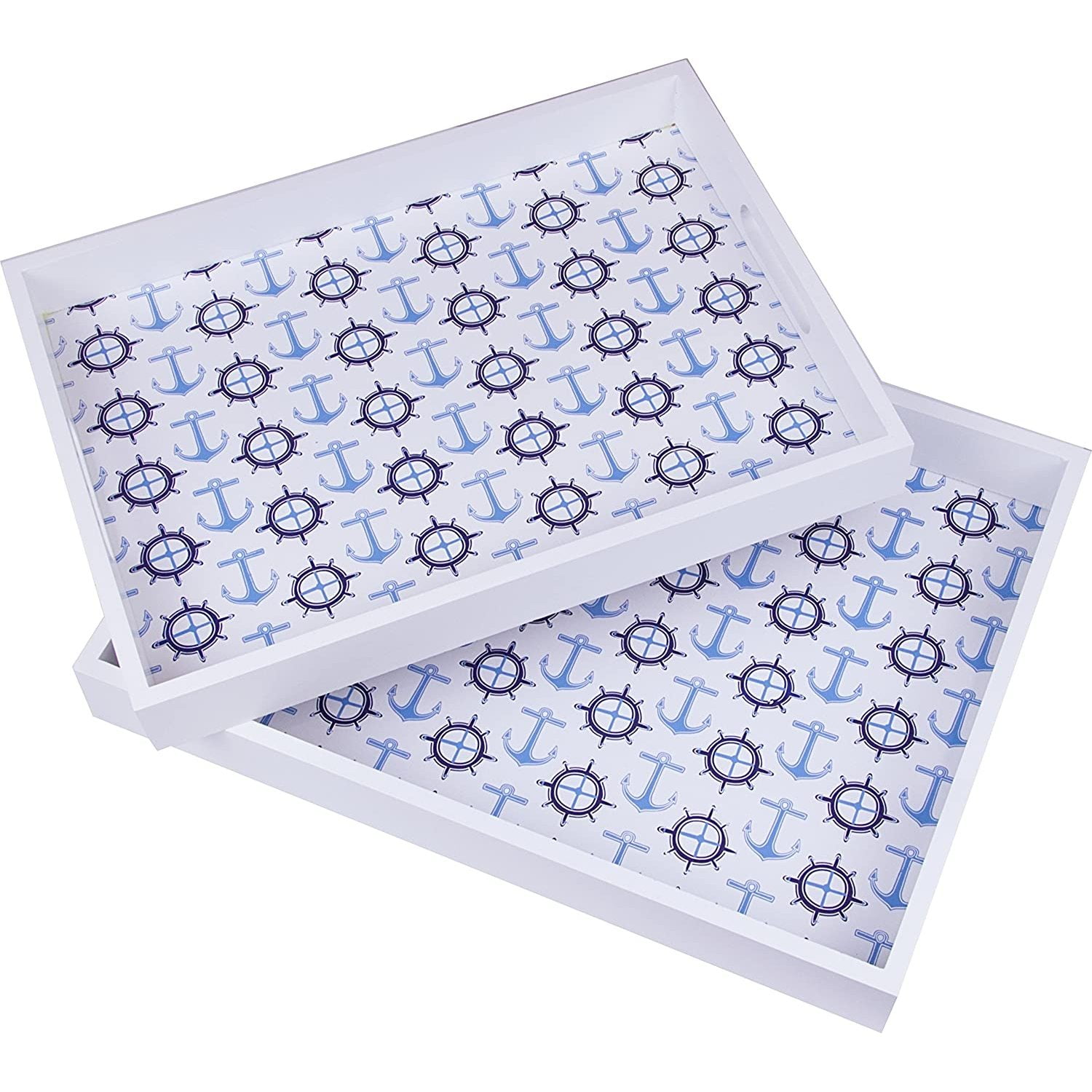 Tilldsd Wooden Serving Trays/TV Trays (Set of 2) (White with Nautilus