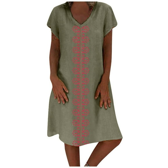 IDALL Womens Summer Casual Midi Dress Plus Size Button Down Homecoming Dresses V-neck Short Sleeve Dresses Boho Swing Wrap Dress Linen Wedding Guest Dress Shift with Pockets Beach Dress Z2-Green M