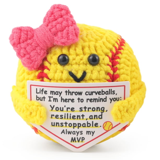 Peluche de Softbol Suave Tejido a Crochet con Moño y Tarjeta con Mensaje