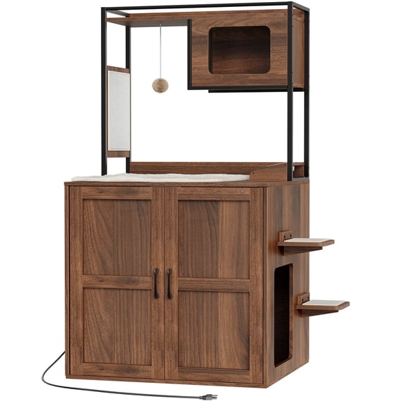 HOOBRO Cat Tree with Hidden Litter Box Enclosure & Scratching Mat, Walnut