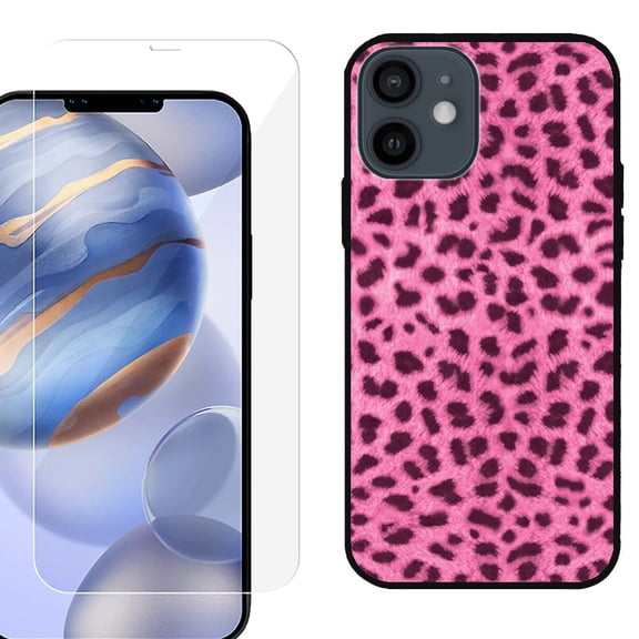 Slim-Fit Protective Phone Case (Black) compatible with iPhone 12 / iPhone 12 Pro, with Tempered Glass Screen Protector, by OneToughShield ® - Cheetah Pink