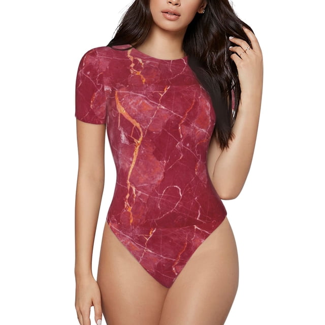 Balery Abstract Red Marble Body de cuello redondo de manga corta para mujer Tops de manga corta Tops básicos-X-Large
