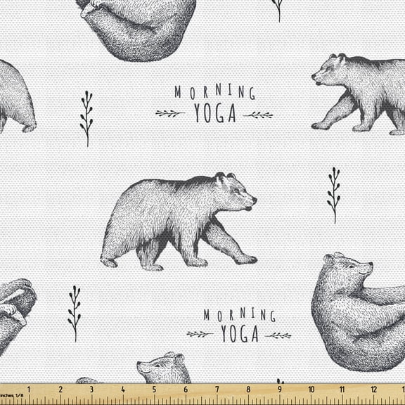 Ambesonne Yoga Fabric by the Yard Upholstery, Bears Meditating Posture, 10 Yards, Black White