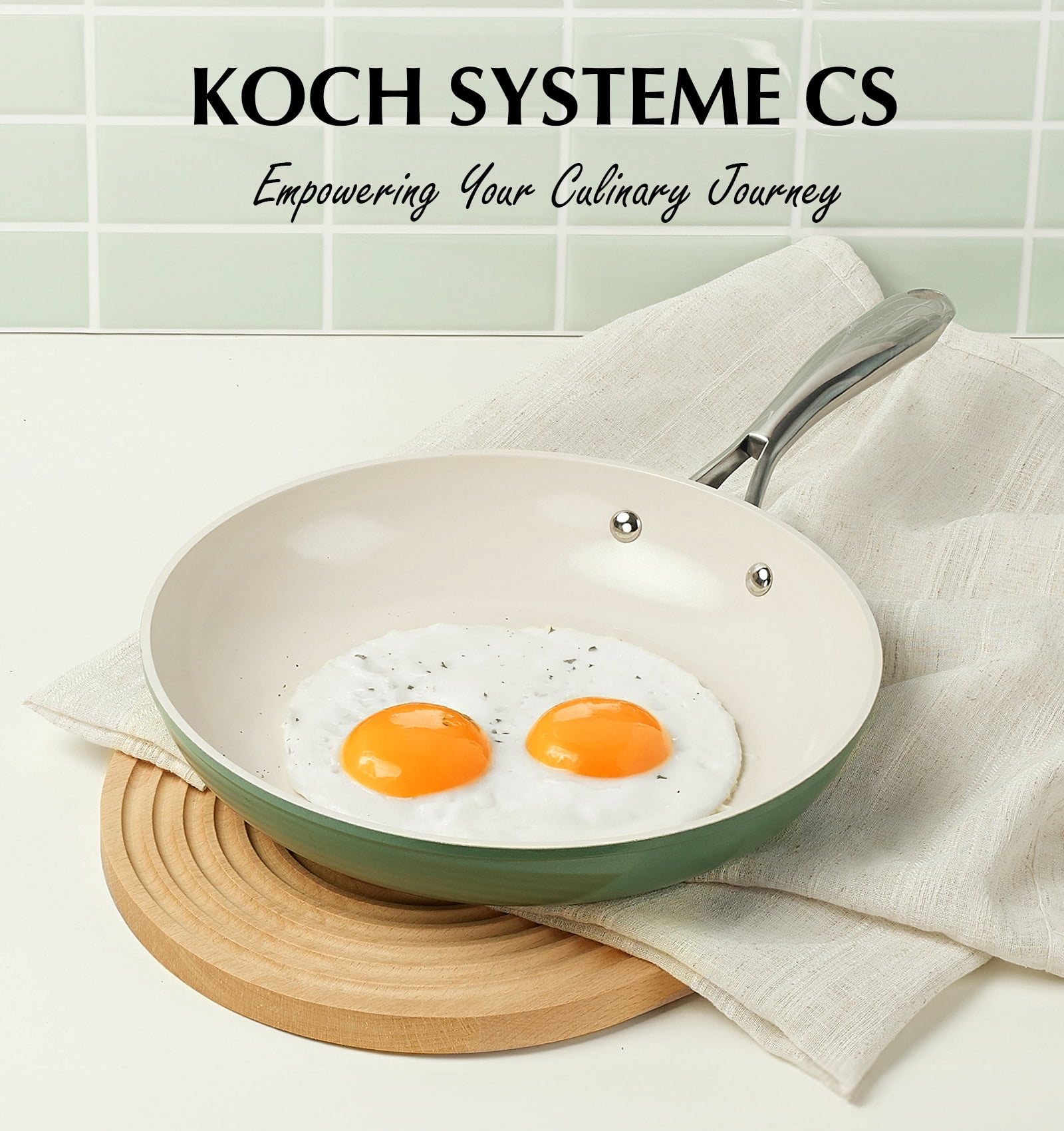 Koch Systeme CS 10 inch Ceramic Non-Stick Frying Pan with Lid, Steel Handle, Oven and Dishwasher Safe, Even Heating, Suitable For All Stoves, Green