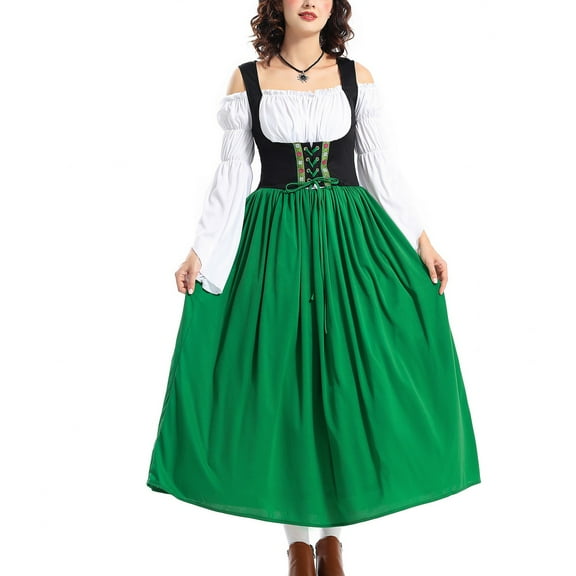 SWSMCLT Women's Bavarian Oktoberfest Dirndl Barmaid Bunched Billowy Breathable Cos Dresses A Line Dress Bell Sleeve Green Small