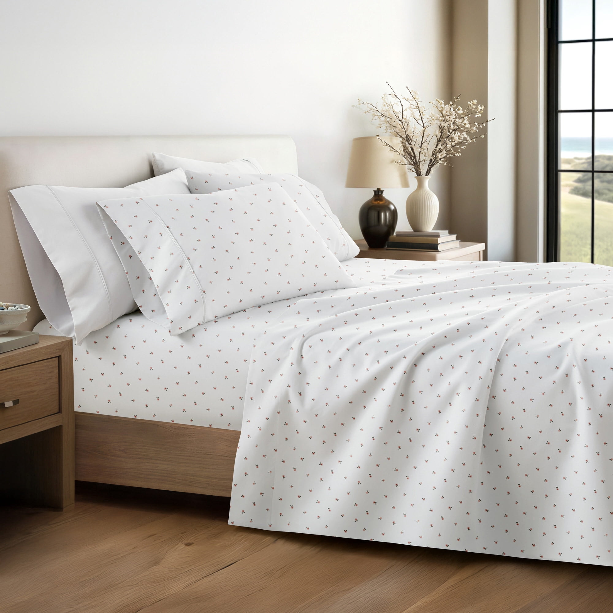 Noble Linens 4 Piece Ditsy Pattern Microfiber Bed Sheets, Pink Floral, King