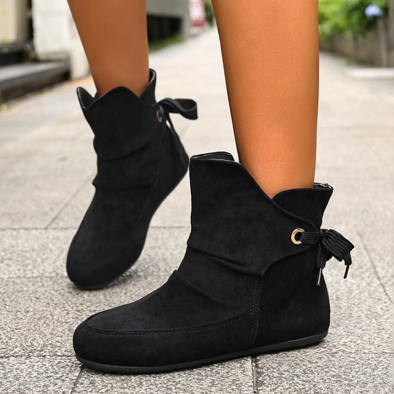 CYRBOKO Women's Ankle Booties, Comfort Flat Casual Round Toe Womens Winter Shoes Black Size 5