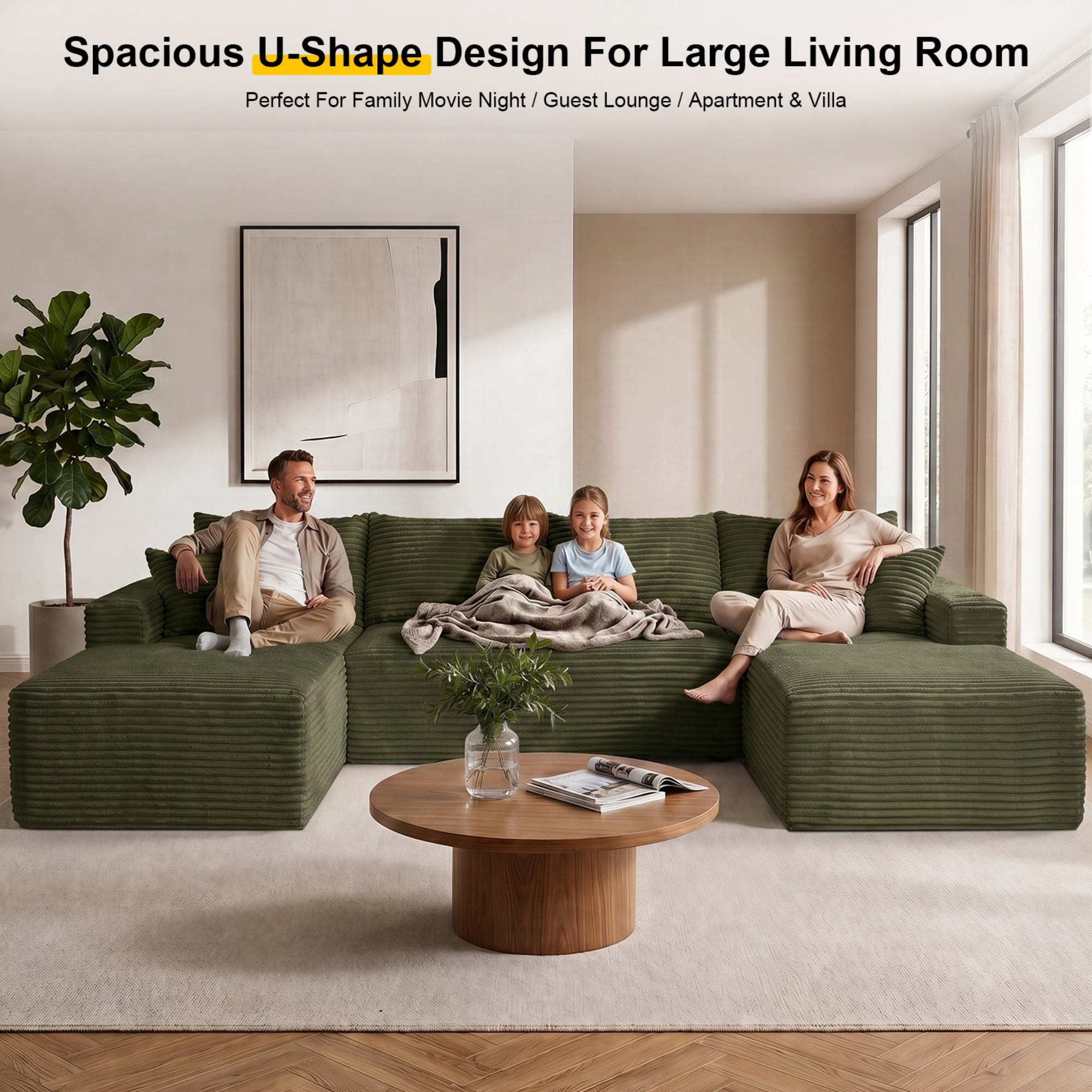 DEALTOPS 134" Corduroy U-Shape Modular Cloud Couch, Double Chaise Sectional Sofa with Cup Holders, Green