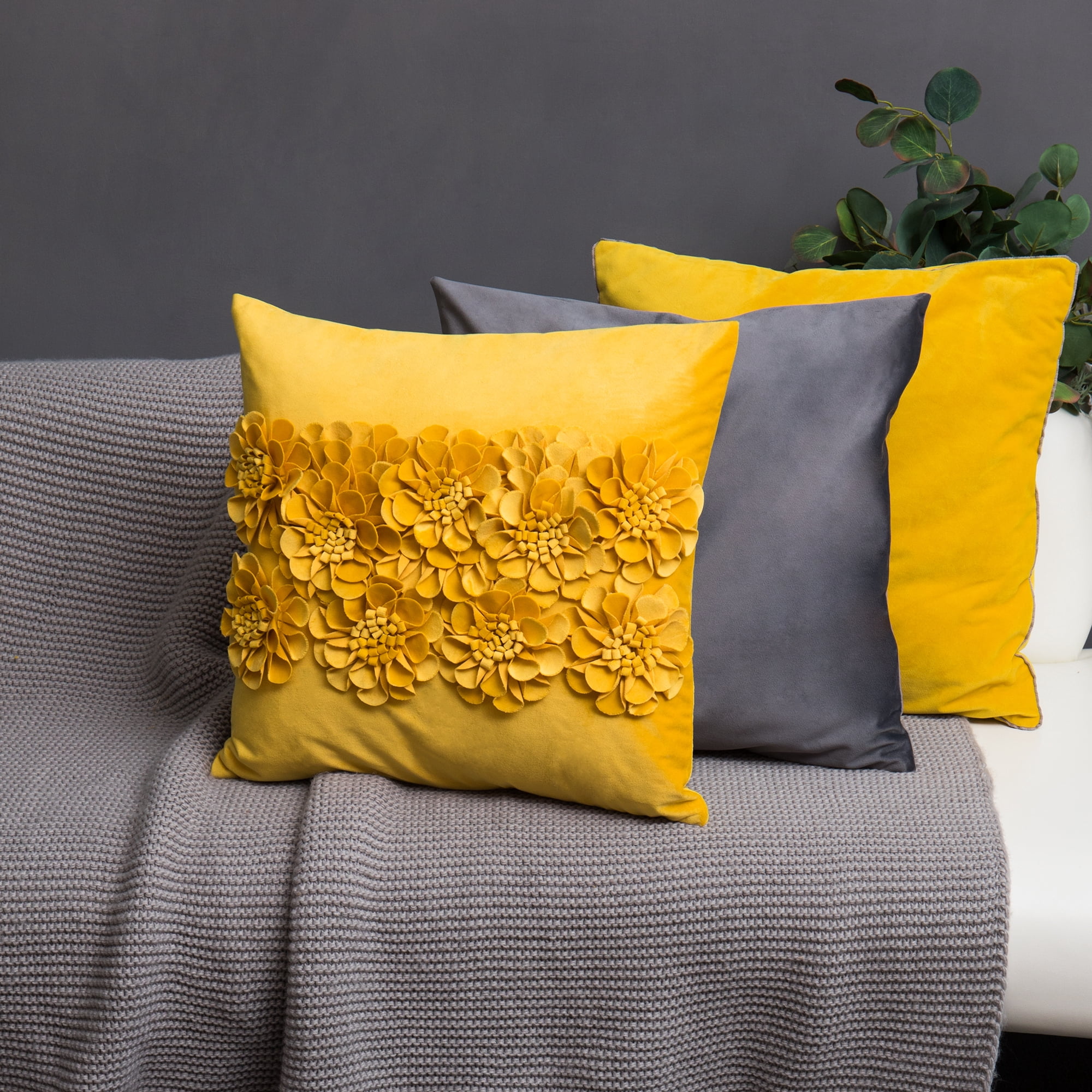 JWH 3D Handmade Square Soft and Smooth Decorative Velvet Flower Pillow Covers 18x18inch Yellow for Room Sofa Bedding Decor