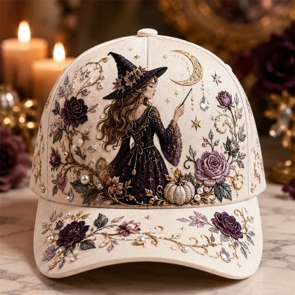 2D Halloween Embroidered Baseball Cap for Women, Adjustable Cotton Hat with Witch, Ghost, Pumpkin & Bat Design(b)
