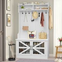 Uforic Farmhouse Hall Tree with Coat Hooks & Storage Bench, Shoe Cabinet for Entryway, White