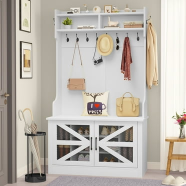 Uforic Farmhouse Hall Tree with Coat Hooks & Storage Bench, Shoe Cabinet for Entryway, White