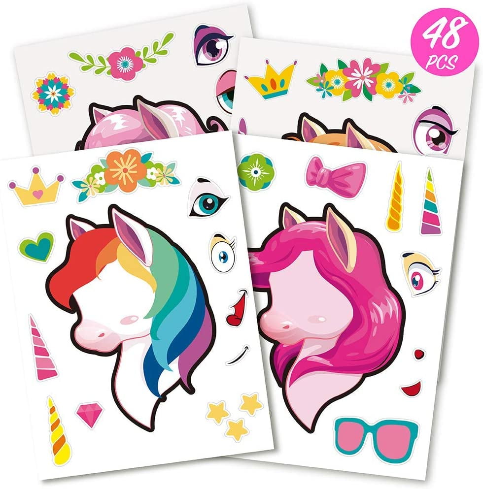 Mocoosy 48 PCS Make A Unicorn Stickers for Kids - Unicorn Party Favor Stickers, Make a face Sticker Sheets Unicorn Party Craft Game Activities for Girls Boys Rainbow Unicorn Birthday Party Supplies