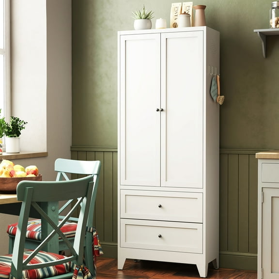72 Inch White Pantry Cabinet with 2 Drawers, Freestanding Kitchen Storage Cabinet with Adjustable Shelves, Heavy-Duty Organizer for Spices, Dishware, Small Appliances in Kitchen, Pantry, Dining Room