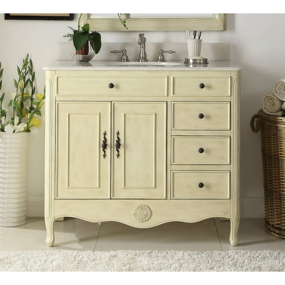 Benton Collection 38" Distressed Cream Cottage Bathroom Vanity with White Marble Top