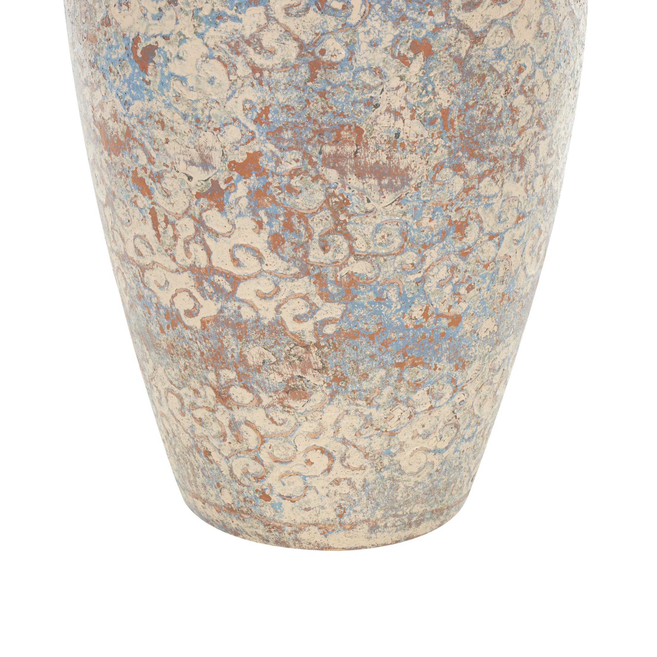 DecMode 16" Scroll Handmade Antique Style Beige Ceramic Vase with Blue and Copper Accents