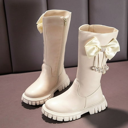 

HAXMNOU Children Shoes Long Boots High Boots Autumn And Winter New Girl Soft Bottom PU Leather Boots White