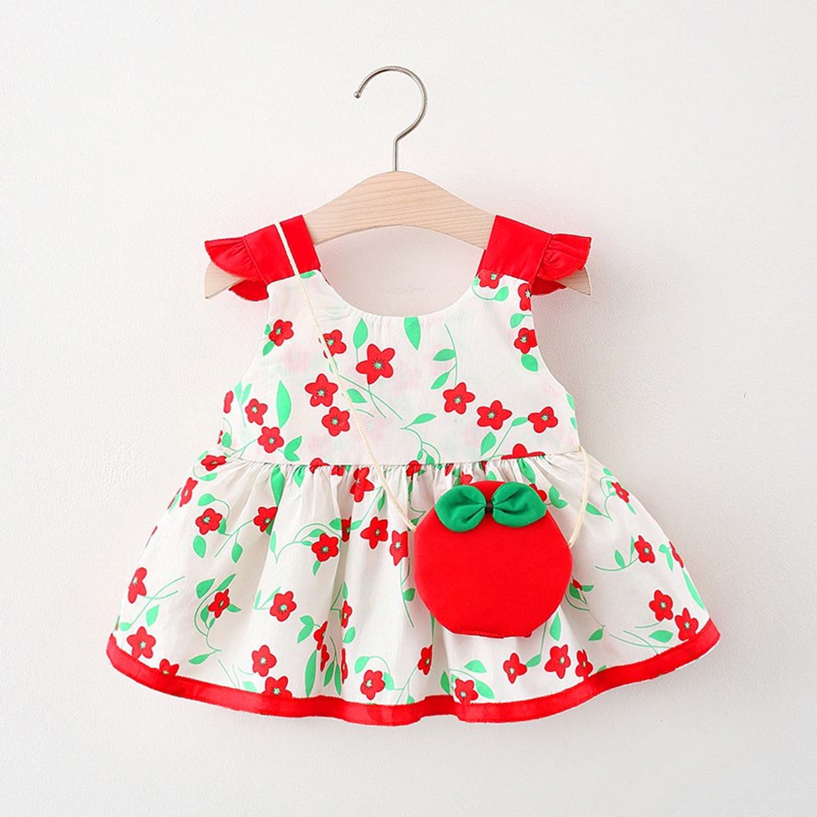 EGNMCR Sleeveless Round Neck Dress Toddler Child Baby Girl Summer Printing Color Dress Small Satchel Girl Dress