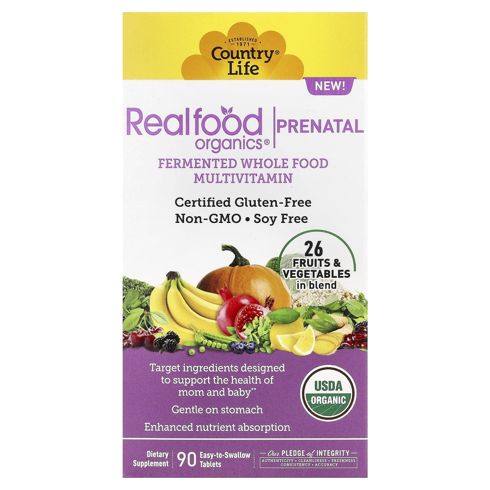 Country Life Realfood Organics Prenatal Multivitamin, 90 Talets | Designed to support the health of mom and abby with a gentle-on-thestomach whole food formula