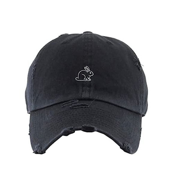 Rabbit Vintage Baseball Cap Embroidered Cotton Adjustable Distressed Dad Hat Brush Black