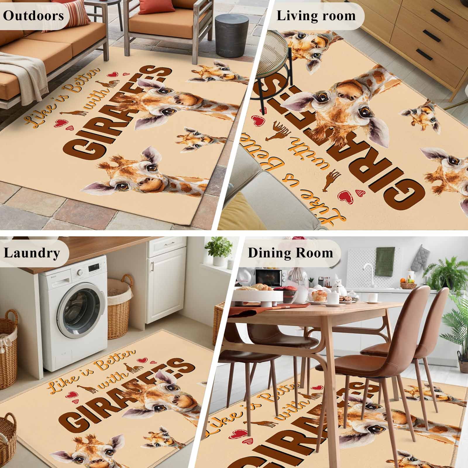 Giraffe Area Rugs 2.7'x5', Washable Small Throw Rugs for Kitchen Bedroom, Red Love Heart Farmhouse Animals Indoor Outdoor Rug Non-Slip Low Pile Carpet Runner Reversible Floor Mats