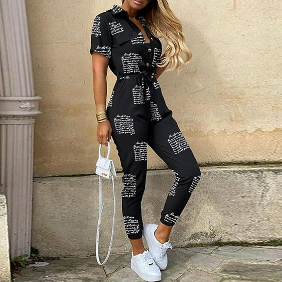 Baqcunre Jumpsuits for Women Women Short Sleeve Overalls Jumpsuit Casual Print with Belt Summer Pants Jumpsuits for Women Dressy One Piece Jumpsuits for Women
