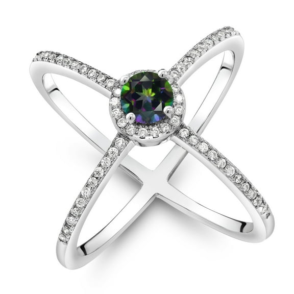 Gem Stone King 1.37 Ct Round Green Mystic Topaz 925 Sterling Silver Criss Cross X Ring (Size 6)