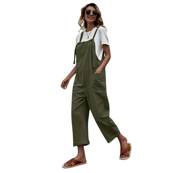 Women's Casual Summer Long Rompers Overalls 2024 Loose Sleeveless Tie Knot Strap Jumpsuits with Pockets Female Worksuit On Sale (army green,S)