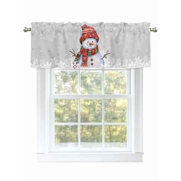 Christmas Valances for Windows Snowman with Cap Xmas Snowflake Grey Rod Pocket Curtains Valance Short Window Treatment Drapes for Living Room, Bedroom Bathroom 42" W x 12" L