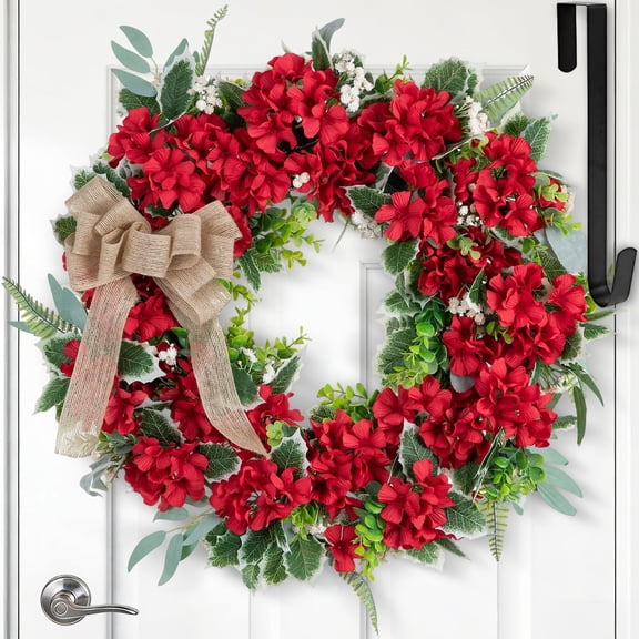 NUPTIO  Summer Front Door Wreath  - 24 Inch Red Geranium Spring Summer Wreath for Front Door Porch Wall Window Farmhouse Decor