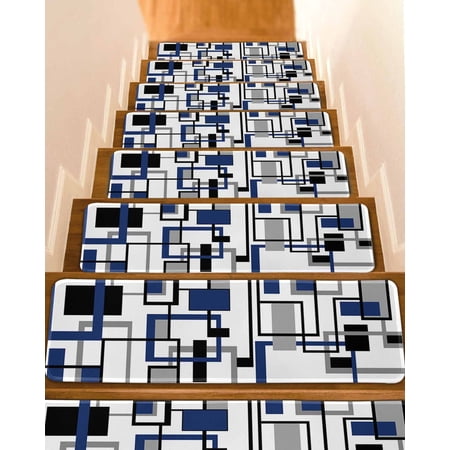 Stair Treads for Wooden Steps,Navy Blue Black Grey Geometric Peel Stick Stair Treads with Adhesive,Middle Century Modern Abstract Art Non Slip Indoor Stairs Runner Rugs Mats for Elders 8"x30" 4PCS