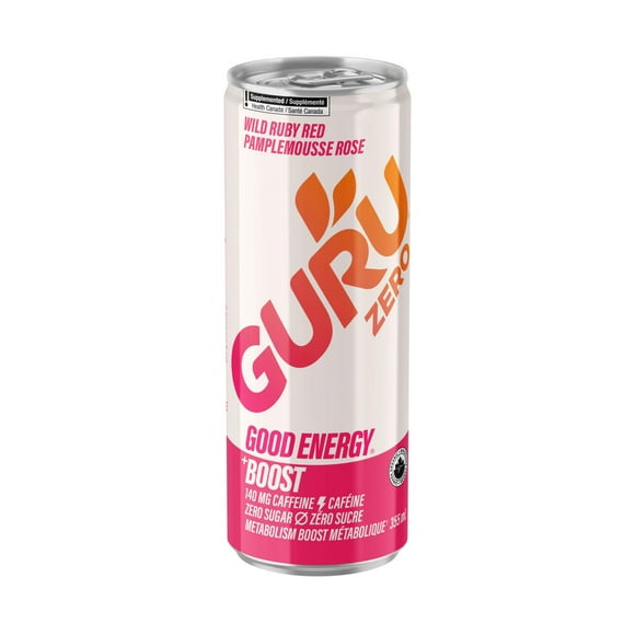 GURU Boisson Énergétique Bio, Sans Sucre, Rouge Rubis Sauvage, canette de 355 ml Une explosion brillante et tropicale de pamplemousse rubis rouge qui est croquant, juteux et rafraîchissant. Canette de 355 ml.