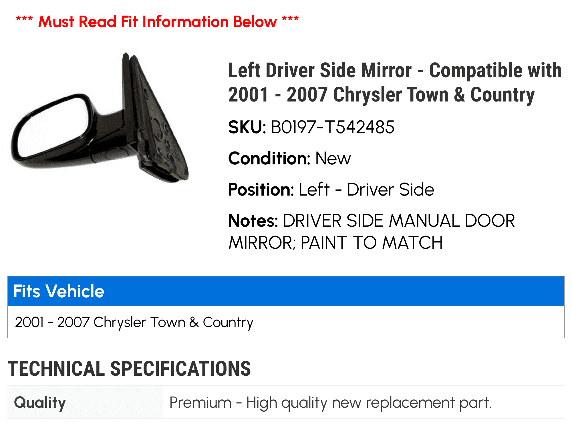 Left Driver Side Mirror - Compatible with 2001 - 2007 Chrysler Town & Country 2002 2003 2004 2005 2006
