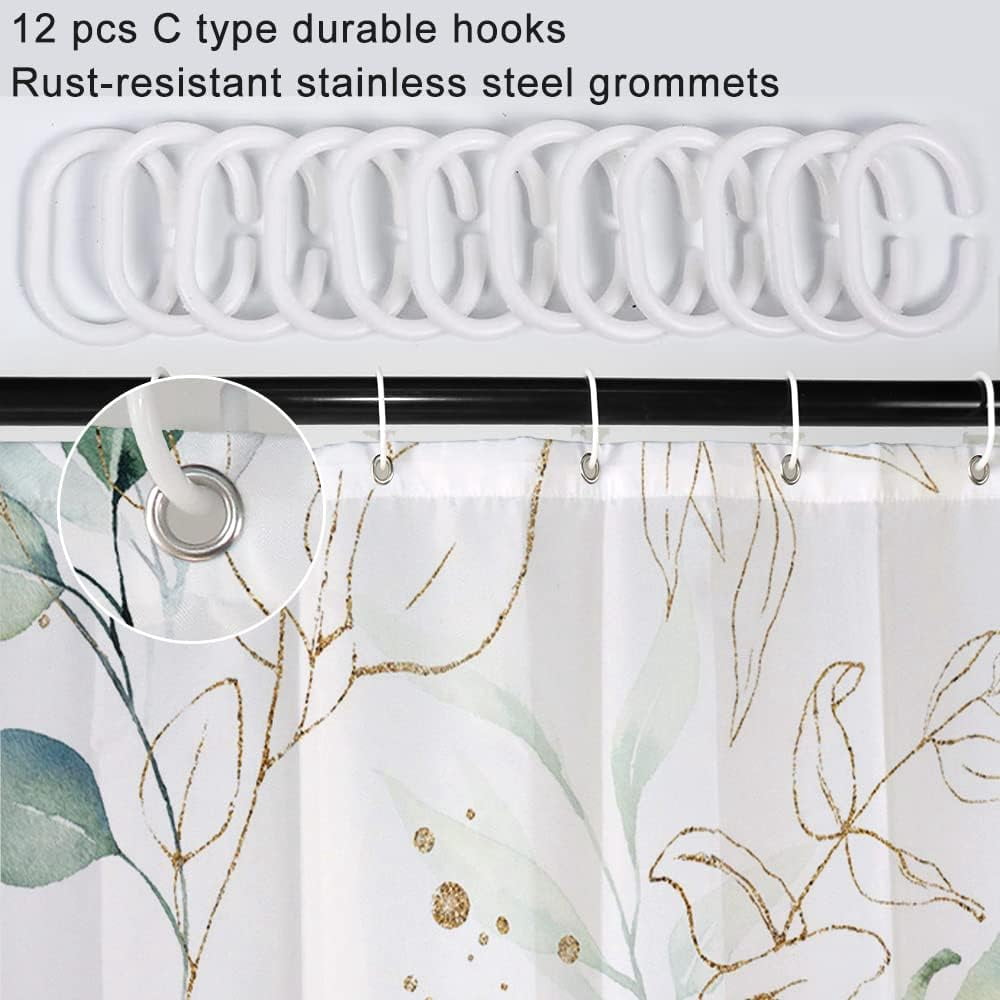 Eucalyptus Shower Curtain, Spring Sage Green and Gold Abstract Leaves Shower Curtain Set for Bathroom Waterproof Fabric Watercolor Botanical Bathroom Decor with Hooks, 72x84 Inch