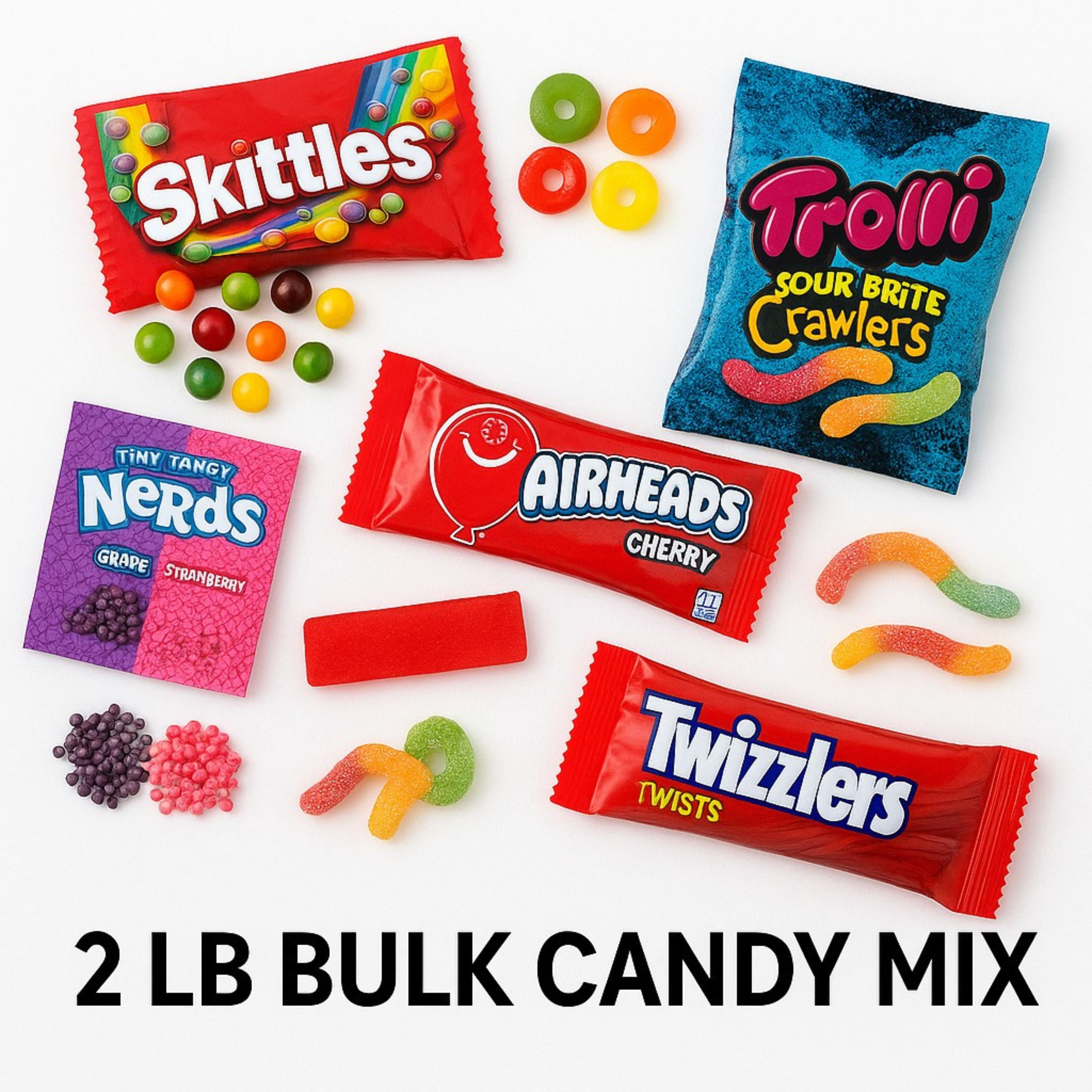 2 lbs Candy Mix – Assorted Mini Packs of Skittles, AirHeads, Nerds, Twizzlers, Trolli, Lifesavers & More – Party Favor Bulk Candy for Kids, Halloween, Piñata, Events