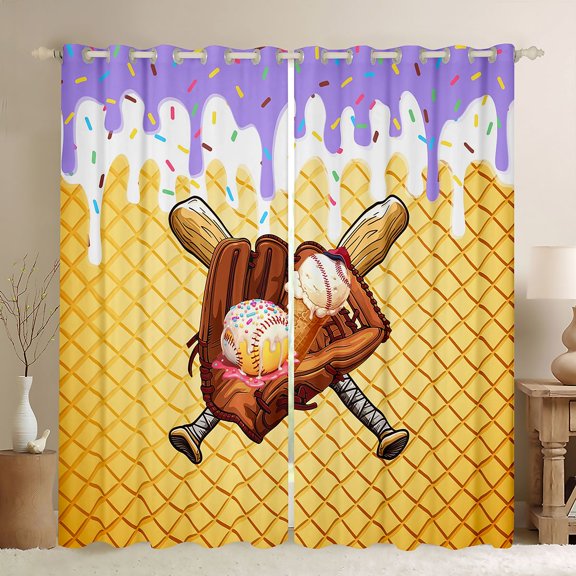 Erosebridal Purple & White Dripping Waffle Baseball Ice Cream & Glove Graphic Black Out Curtains, Sport Graphic Curtains Pack of 2 (42x63 Each) for Boys And Girls Kids,Lightweight Room Decor